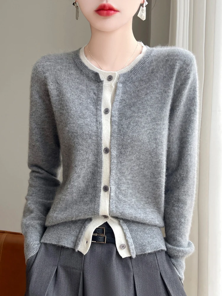 

Women 100% Merino Sweater O-neck Long Sleeve Cardigan Autumn Winter Wool Knitwear Cashmere Block Coat Korean Popular Clothing