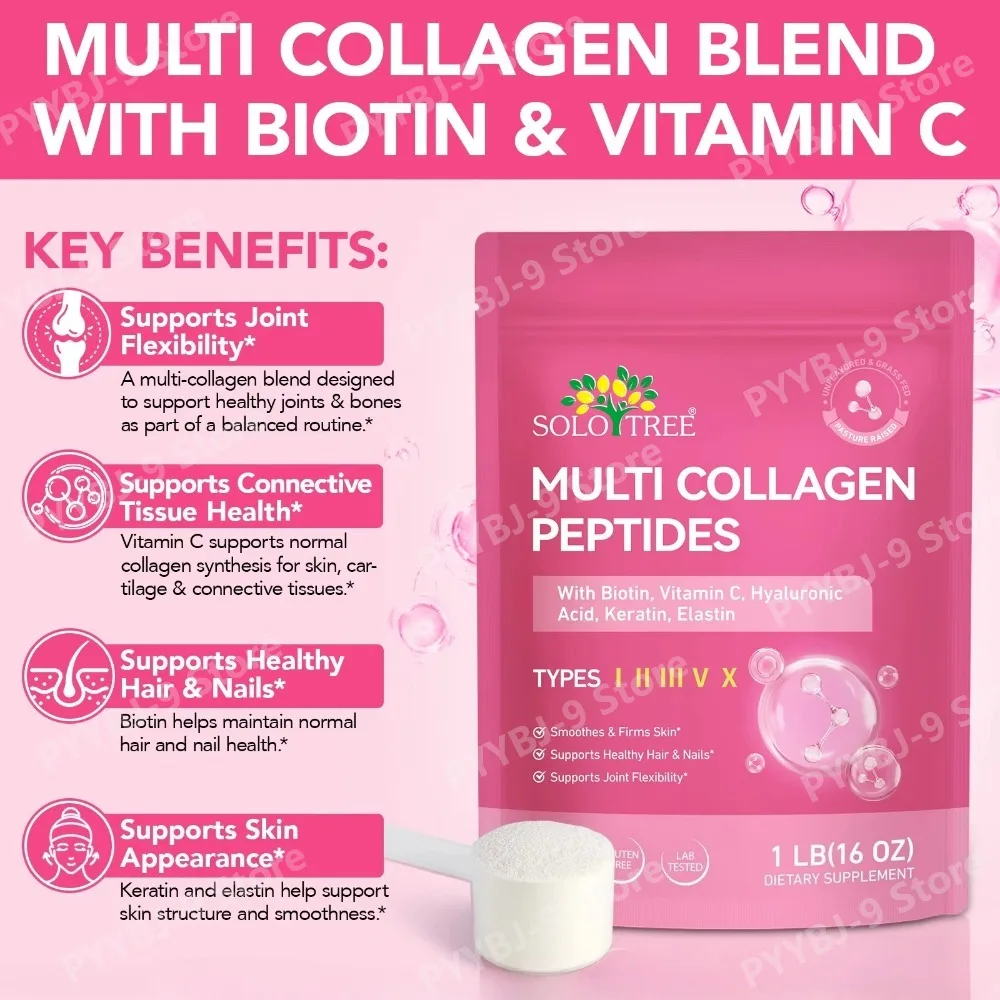 SOLOTREE Multi Collagen Peptides Powder with Biotin Hyaluronic Acid Vitamin C Supports Healthy Hair Skin Nails Joints 1 Pound