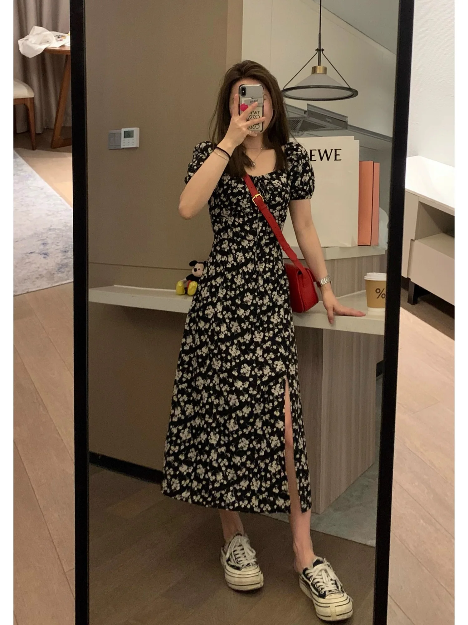 Women Elegant Floral Printed Long Dresses Casual Strapless Puff Short Sleeve A Line Dresses Ladies Side Split Dresses Summer