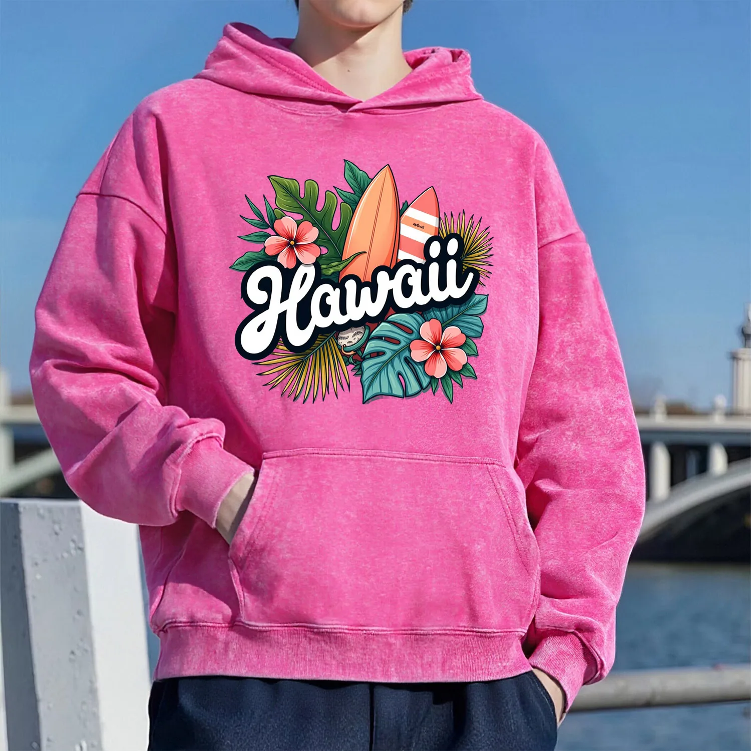 سويت شيرت بقلنسوة بنمط غسل ريترو لركوب الأمواج للجنسين، نمط رياضي كاجوال مصنوع من القطن الخالص، طراز الشارع 400 جرام #1