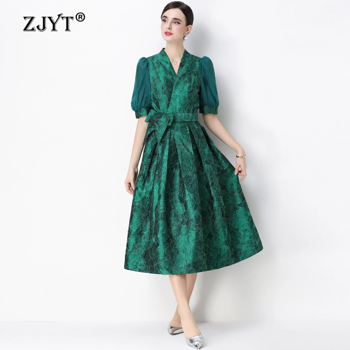 

Новое элегантное винтажное платье ZJYT весна 2026: повседневное платье миди с жаккардовым узором, V-образным вырезом на шнуровке для коктейльных вечеринок и торжественных мероприятий