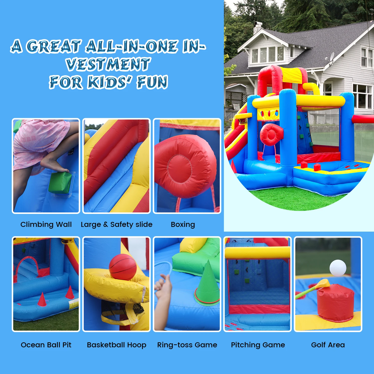 Maison gonflable rebondissante pour enfants avec toboggan, fosse à balles, escalade, alimenté par ventilateur de 1100 W, 100% PVC, autoportante, prise américaine 110-130 V
