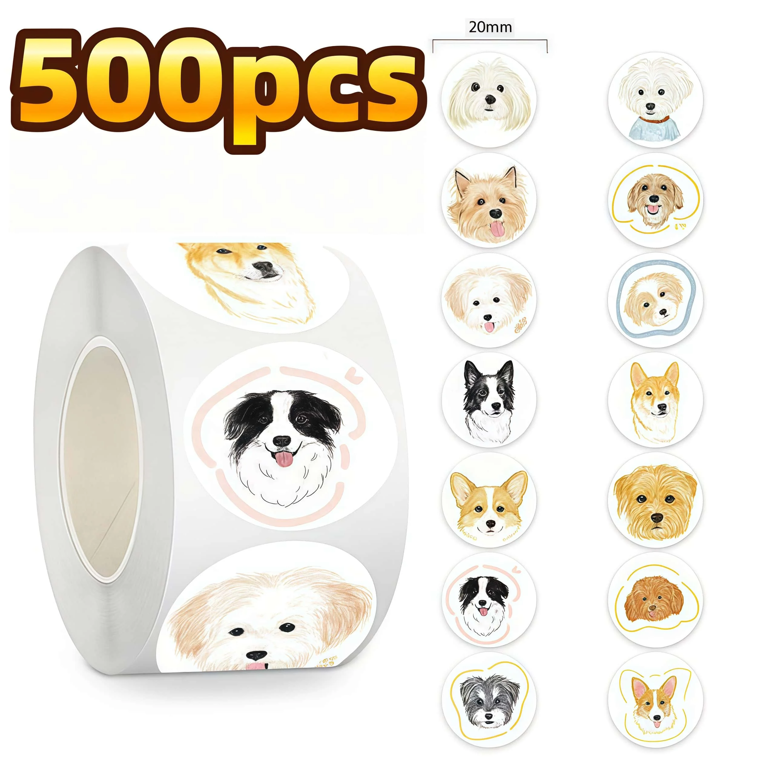 500Pcs Cute Dog Round Stickers, Hand Drawn Puppy Portrait Decals, Decorative Labels for Envelope Gift Packaging Journal