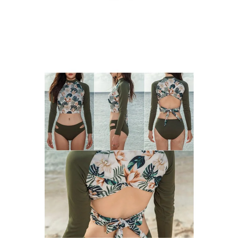 Split Swimsuit Women 2 Pcs Long Sleeve Floral Lace Up Swimsuit High Waist Two-Piece Sexy Surfing Diving Professional Swimsuit