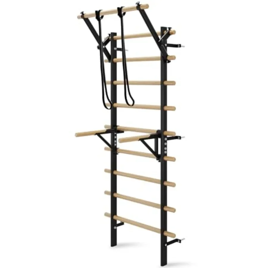 Swedish Ladder Wall Gym for home use, powder-coated steel, matte black, 9 adjustable rods for core strengthening, stretching, a