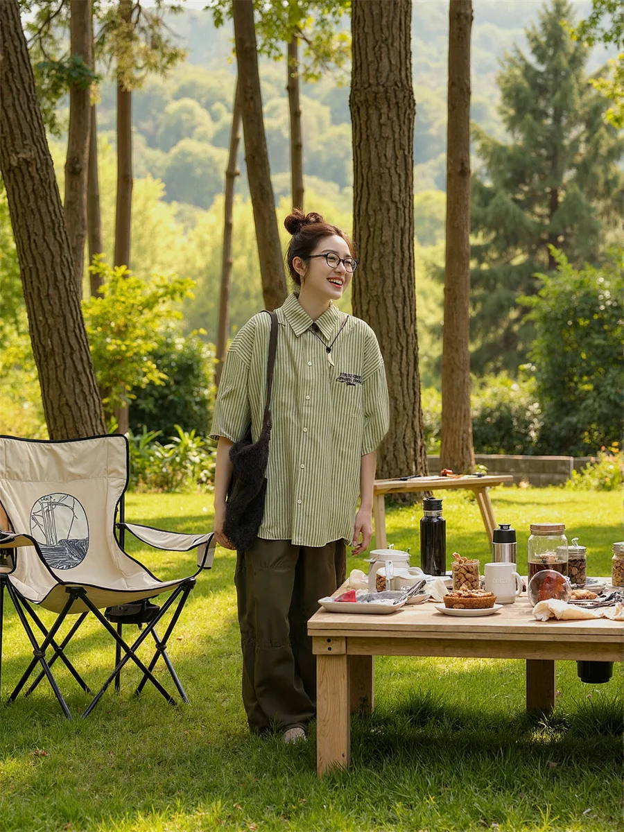 

Green Oversize Shirts Woman Korean Style Women Short Sleeve Ulzzang Preppy College Sweet Cute Kawaii Simple Basic Button Up