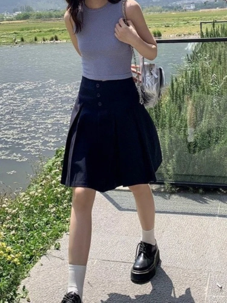 Summer Y2k Aesthetic A-Line Pleated Women Skirts Harajuku Solid Color Grunge Skirt Streetwear Vintage Single Breasted Faldas