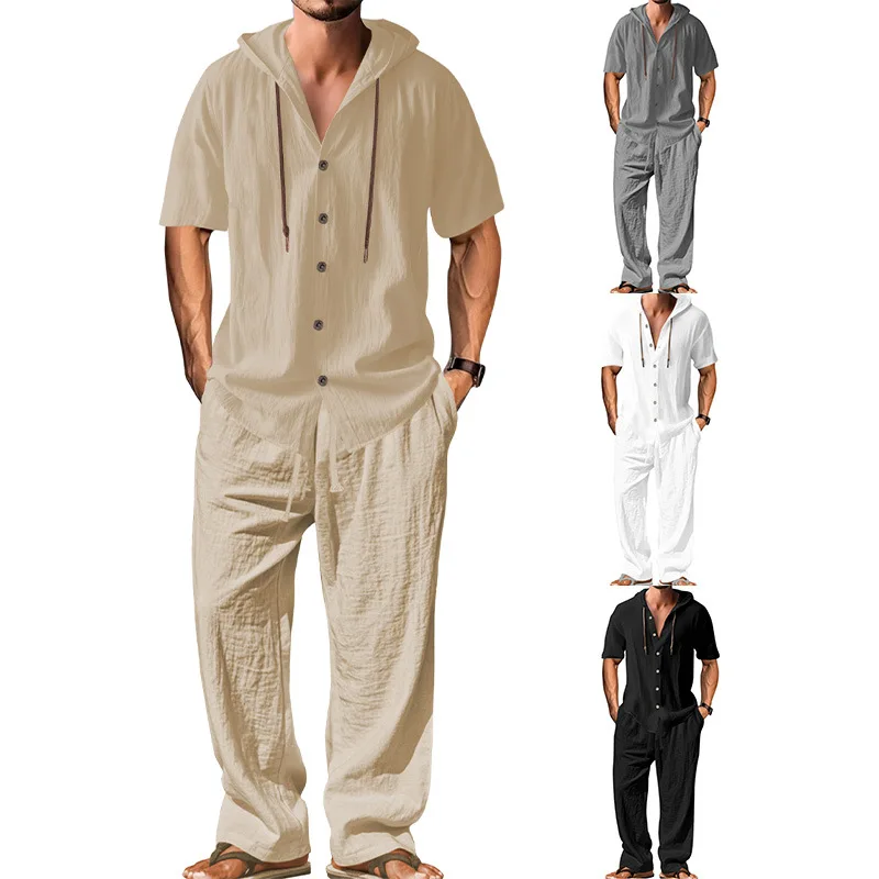 

Men's Casual Cotton Linen Long Sve irt Loose Pants Set Summer Season Chinese Origin Brand Unbranded Silk Fabric