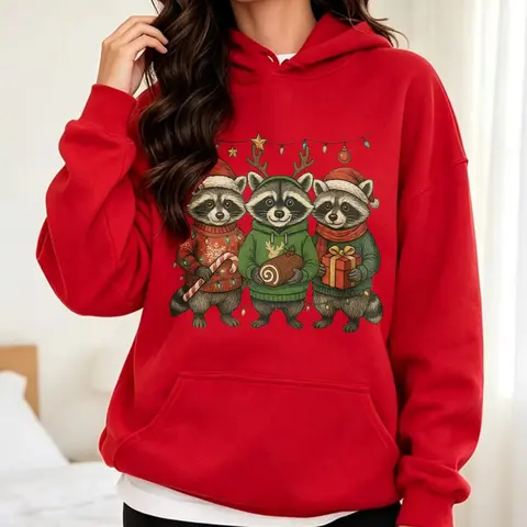 Christmas Raccoon Sweatshirt Holiday Animals in Santa Hats Long Sleeve Hoodies Cute Animal Holiday Men Women Trendy Pullovers