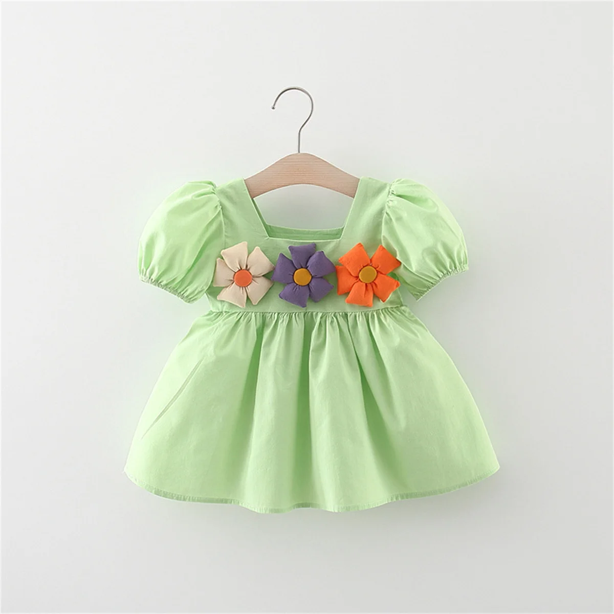 Summer baby girl dress girl's 3D three color three-dimensional flower solid color bubble sleeve princess dress