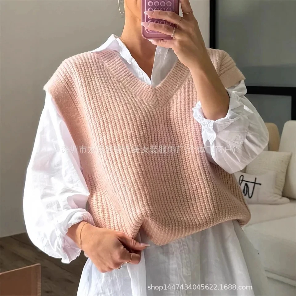

2025 New Autumn Versatile V Neck Sweater Vest Women Elegant Design Fashion Plain Color Multi Color Options