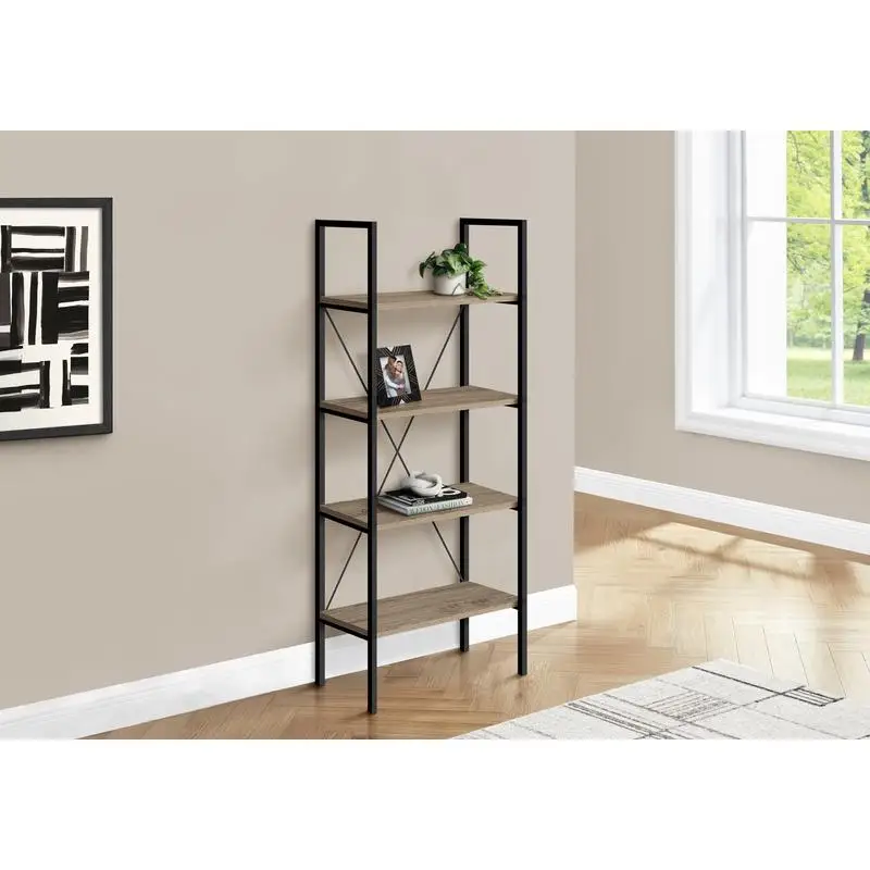 

4-Tier Bookshelf, 48" Height, Modern Office & Bedroom Storage, Brown Laminate & Black Metal, Contemporary Design