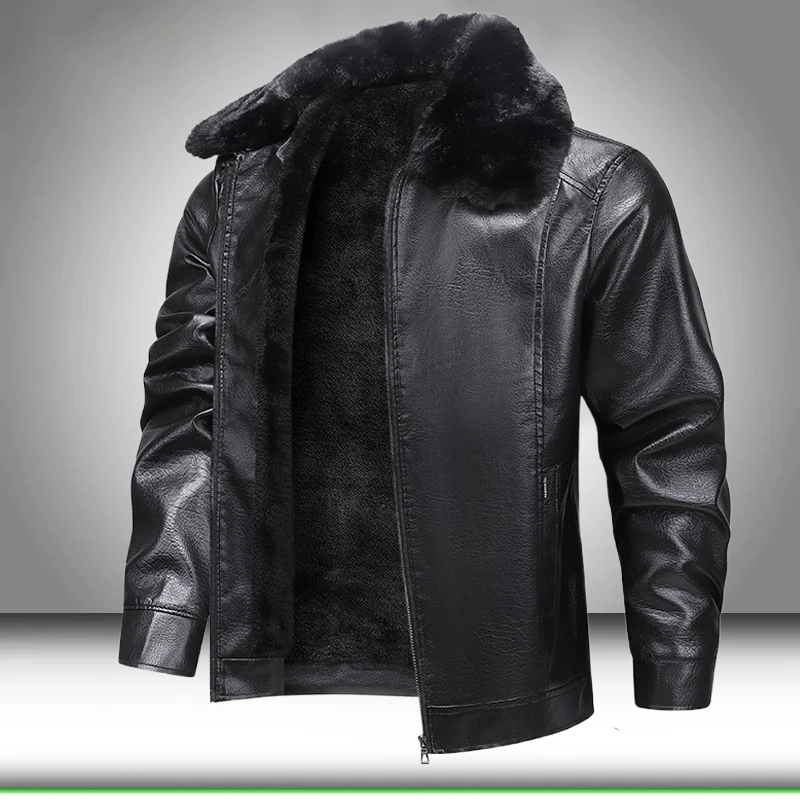 

Fur Collar Men Faux Leather Jacket Winter Fleece Lined Biker Jackets Fashion Motorcycle Leather Coat Outwear Casual Streetwear