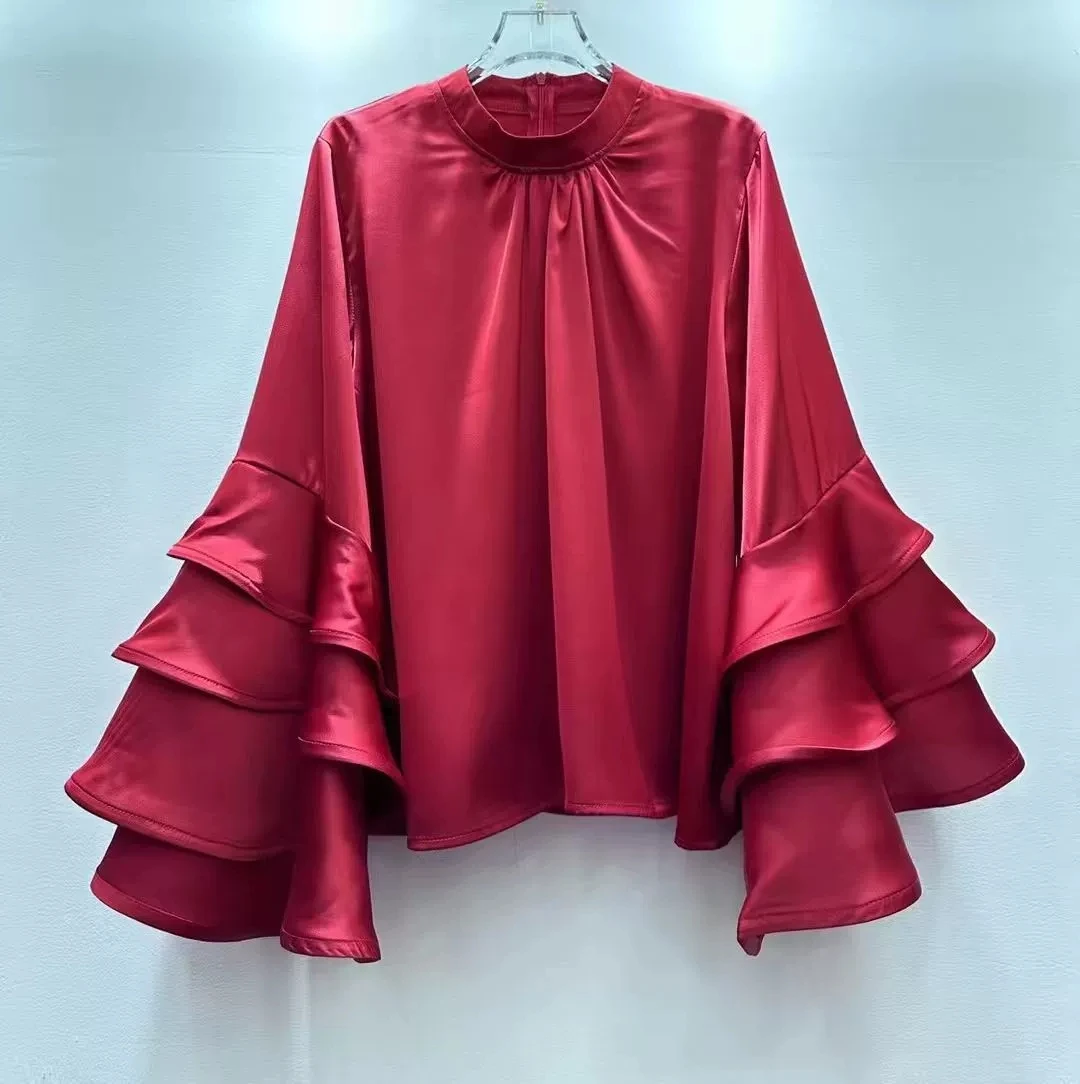 Francuski styl, jednolity kolor, prosty top, nowość na jesień 2025, luksusowa, luźna, wyszczuplająca koszula z falbanami - GZXX941