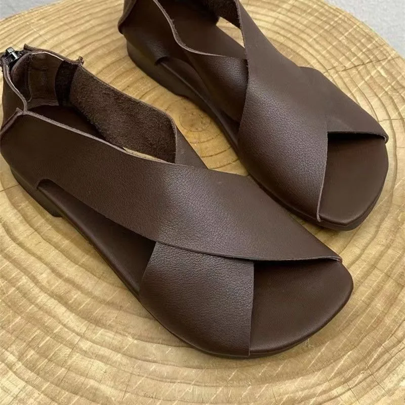 Classics Summer New Women Sandals Casual Beach Simple Sandals Solid Color Leather Female Retro Soft Non-slip Roman Ladies Shoes