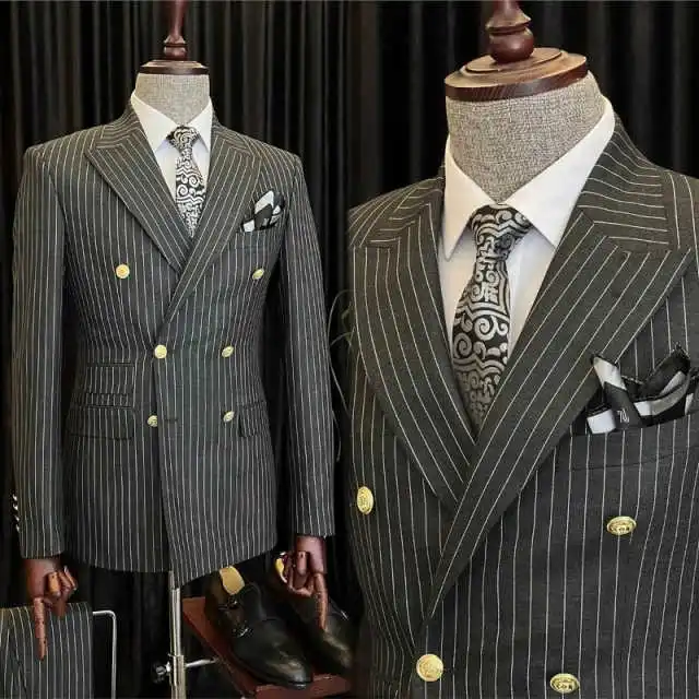 

Luxury Peak Lapel Double Breasted Striped Wool Men Suit Full Length Dark Grey For Groom All Season Custom Made Plus Size M263649