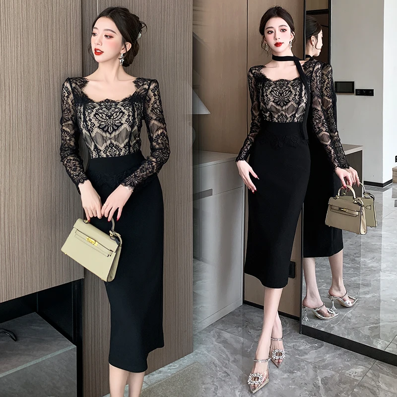 Fashion Sexy New Women Square Collar Bodycon Midi Dress French Spring Lace Hollow Out Patchwork Long Sleeve Black Split Clothes