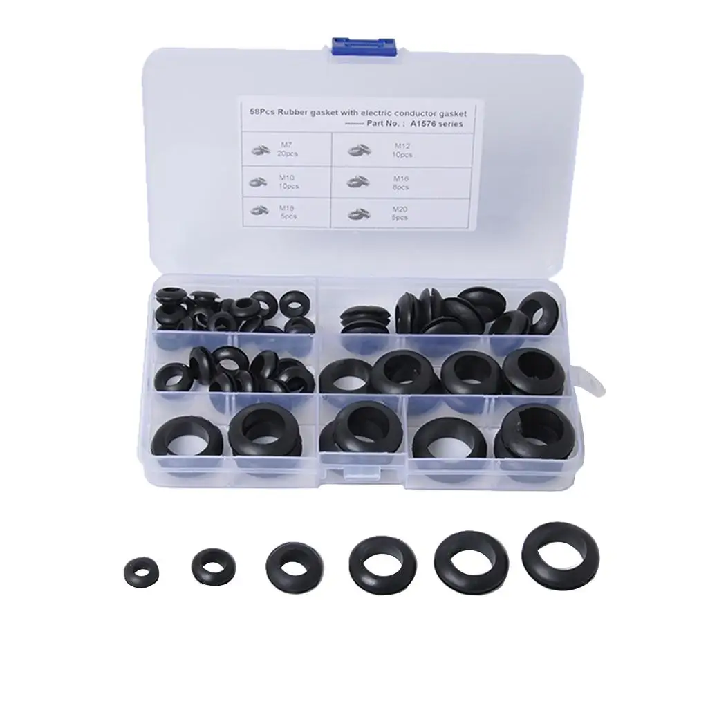 58 Pcs/Set 6 Kinds Double Sides O Ring Rubber Grommet Washer Gasket Seals Assortment Wiring Coil Gasket for Cables Wires