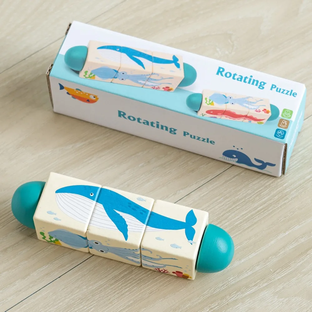 木製動物回転パズルおもちゃ 知育玩具 漫画風つかみ取りブロック マッチングおもちゃ