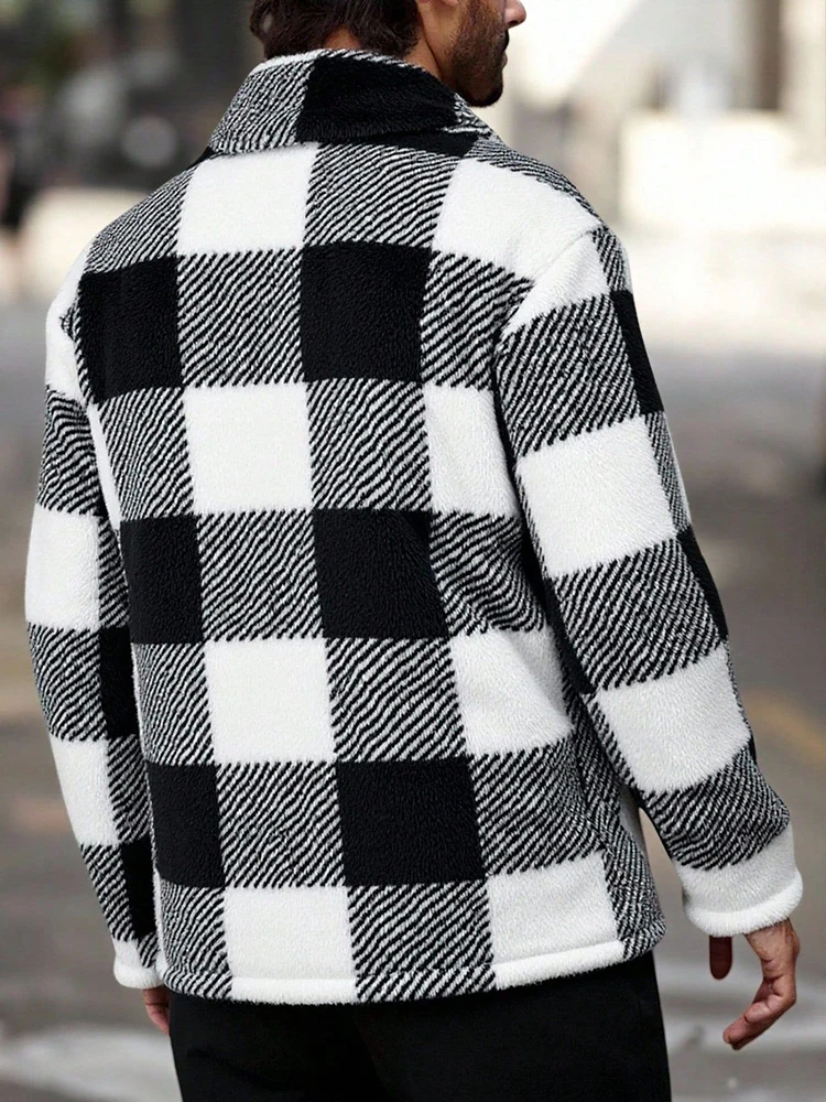 Vintage Plaid Furry Fleece Overcoats Mens Fall Winter Casual Lapel Button-up Cozy Jackets Men Stylish Patchwork Outerwear