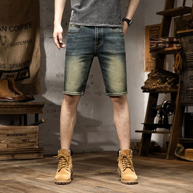 

Stretch Elastic Slim Fit Denim Shorts for Men Mid-Length Distressed Retro Korean Fashion Summer New Trendy Casual