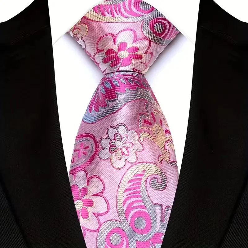 Luxury 8CM Mens Necktie Pink Color Solid Stripes Paisley Ties For Man Groom Jacquard Woven Neck Tie For Business Wedding Party