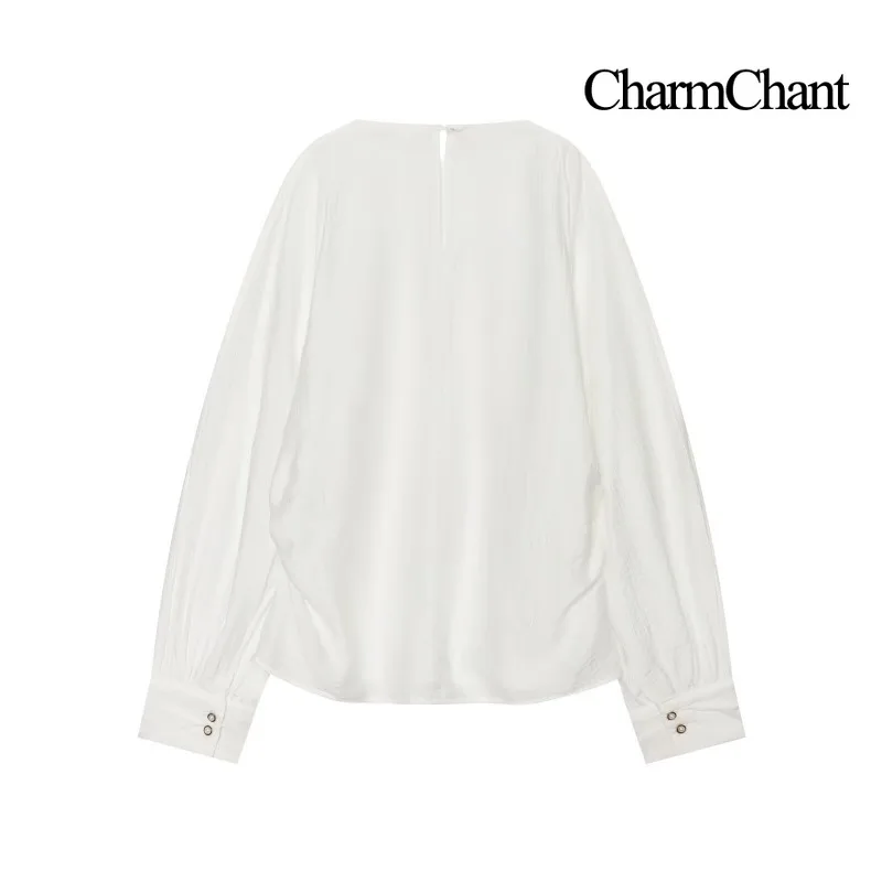 CHARMCHANT Women's Cold Shoulder Long Sleeve Blouse Crew Neck Loose White Shirt Back Keyhole Casual Vacation Top Summer 2026