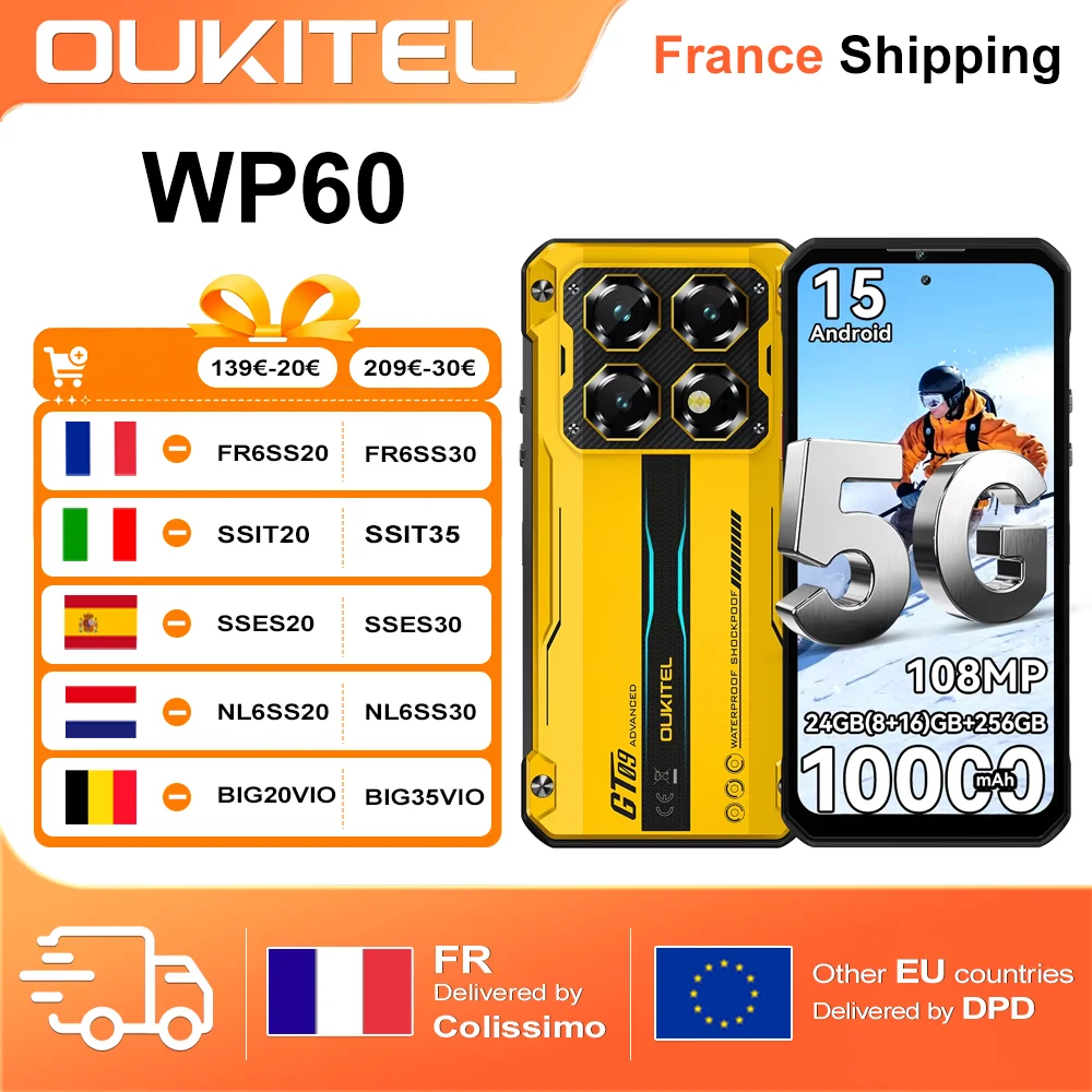Smartphone OUKITEL WP60 5G 24 Go (8+16) Go + 256 Go ROM, écran HD+ 7,2 pouces 120 Hz, MTK 7025, batterie 10000 mAh, téléphone robuste, 108 MP, Android 15, NFC