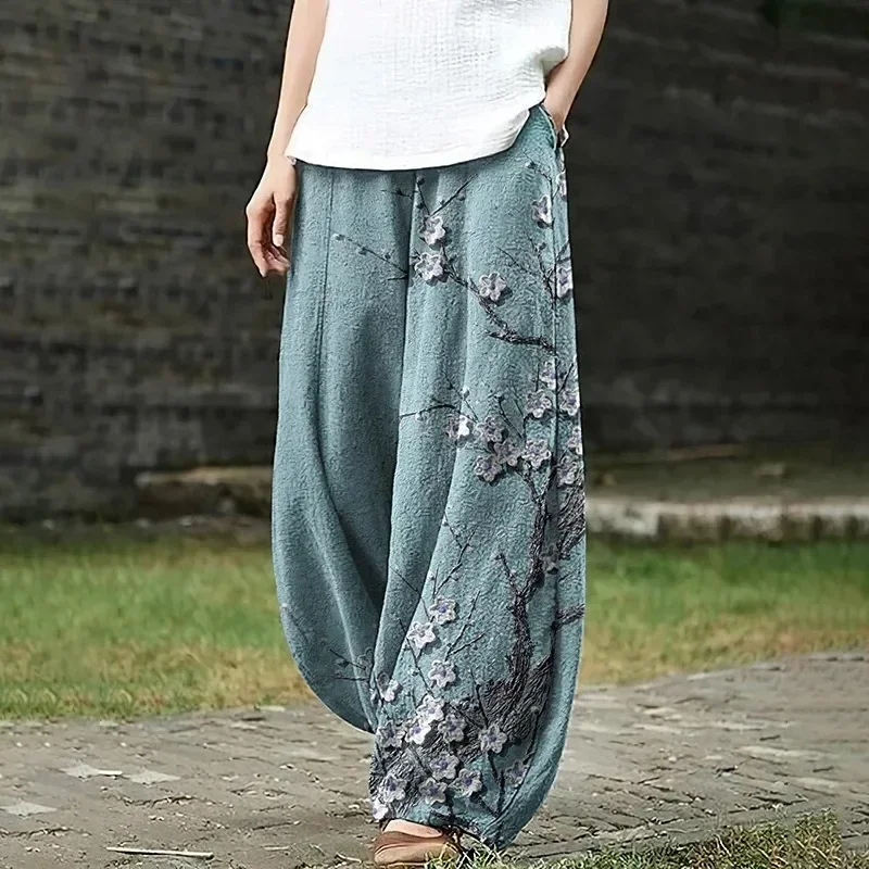 Women's Japanese Art Crane Waves Pocket Loose Casual Pants Harajuku Baggy Lantern Trousers Elegent Boho Pants Pure Casual Pants