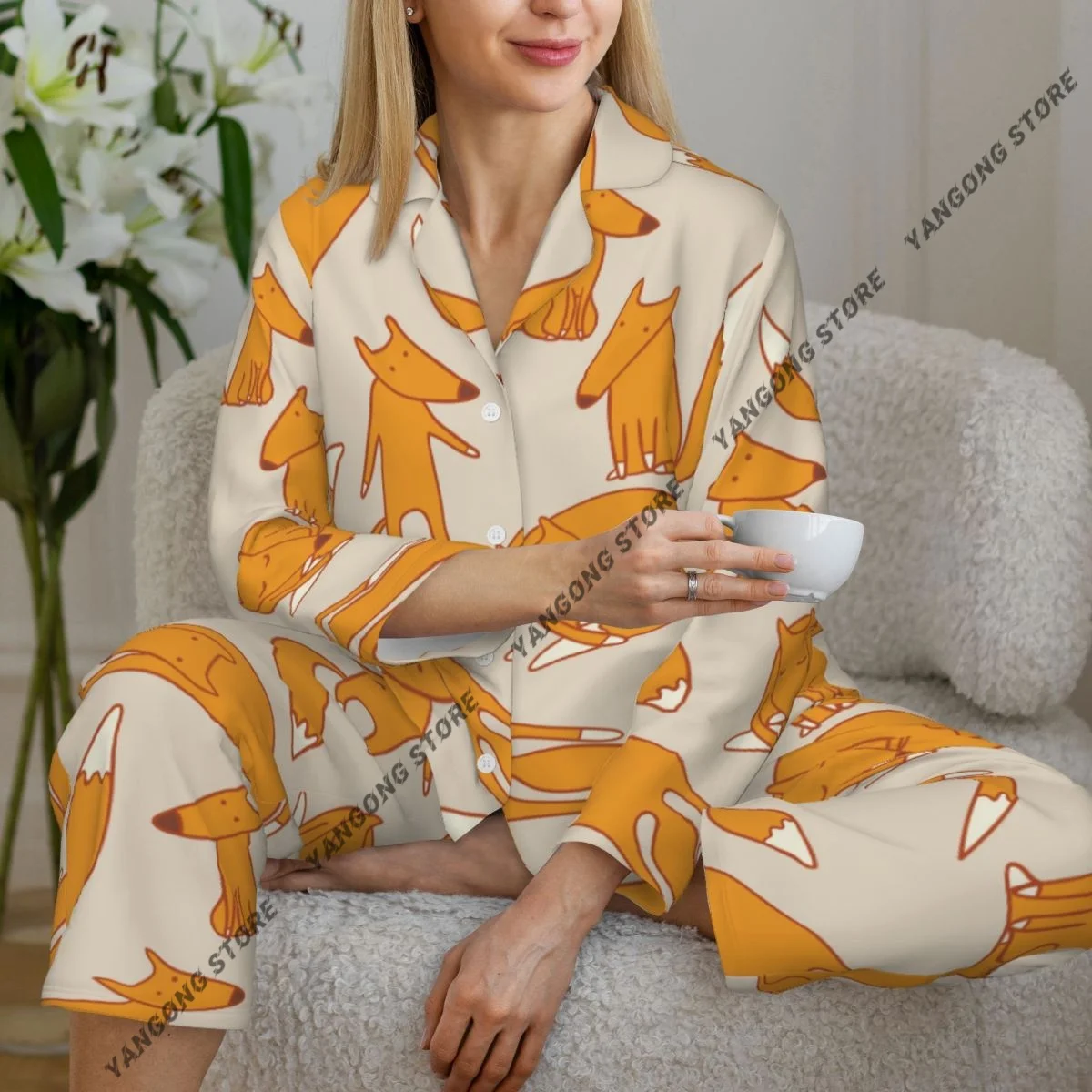 Spring and Autumn Pajama Set Women's Long Sleeve Pants Two Piece Fox Pattern Home Furnishing Set