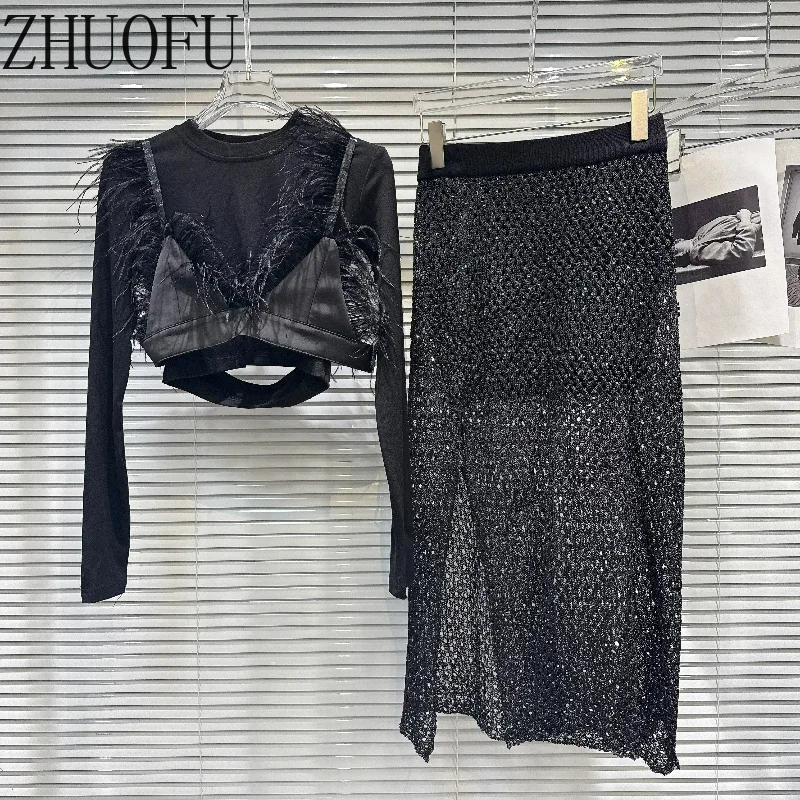 Women Elegant Set Feather Trim V Neck Cami Bra Long Sleeve Top Sparkly Mesh Skirt Night Party Clubwear Black Matching Suit