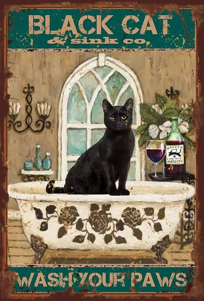 Металлический жестяной знак-черный фотографический подарок для влюбленных кошек стирать ваши лапы ванная комната винтажный металлический жестяной знак винтажный художественный Настенный декор 12x8