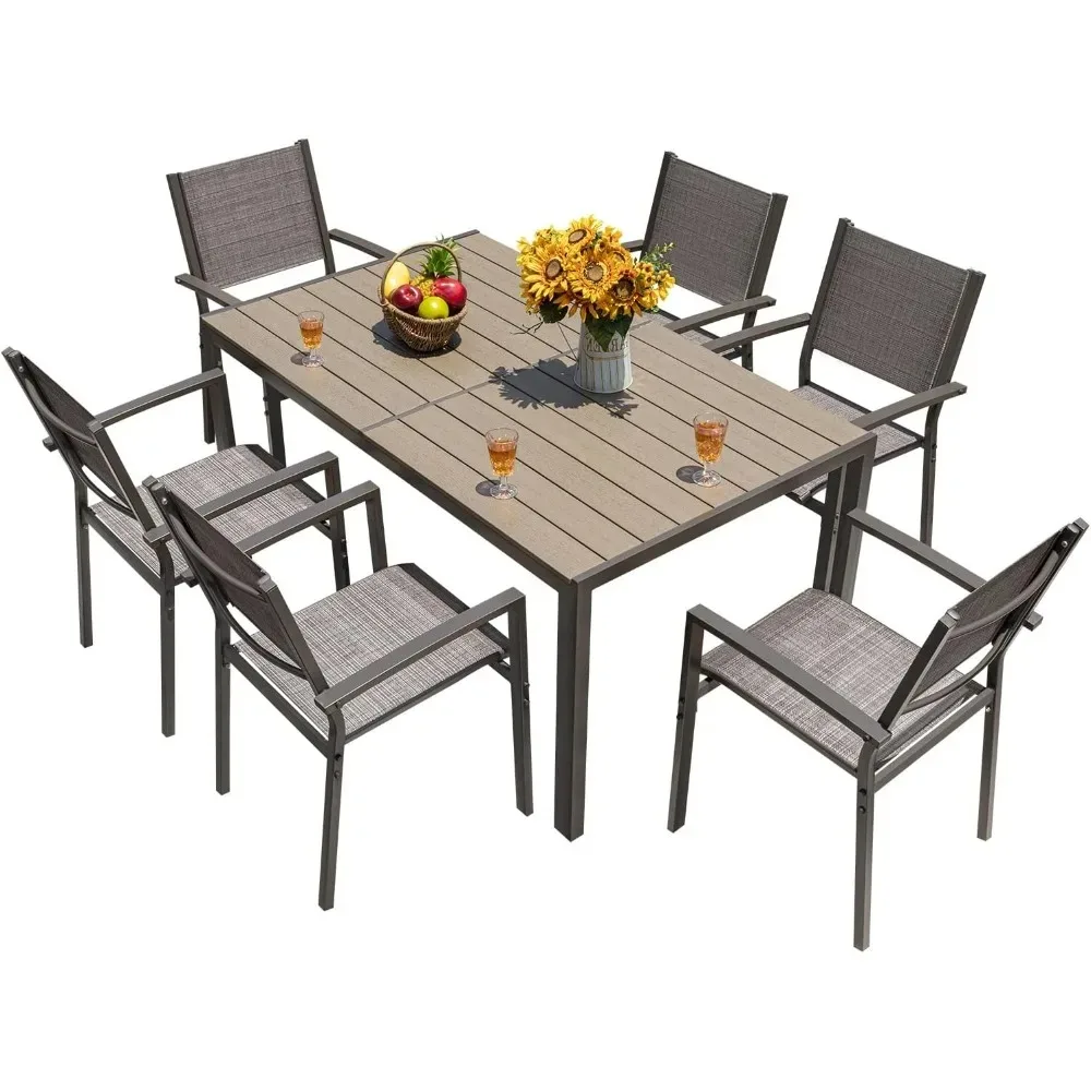 Set da pranzo per Patio da 7 pezzi mobili da esterno con 6 sedie impilabili in Textilene e grande tavolo per cortile, giardino, veranda, grigio