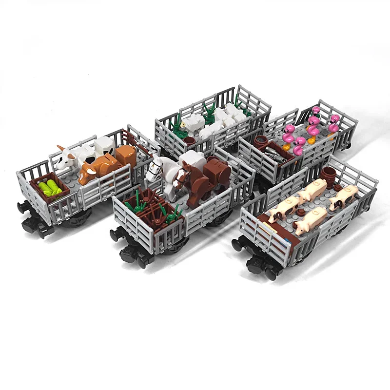 Train Animal Transport Carriage Connected MOC Building Blocks Livestock Freight Track Bricks Toys Rail Car Compatible With LEGO
