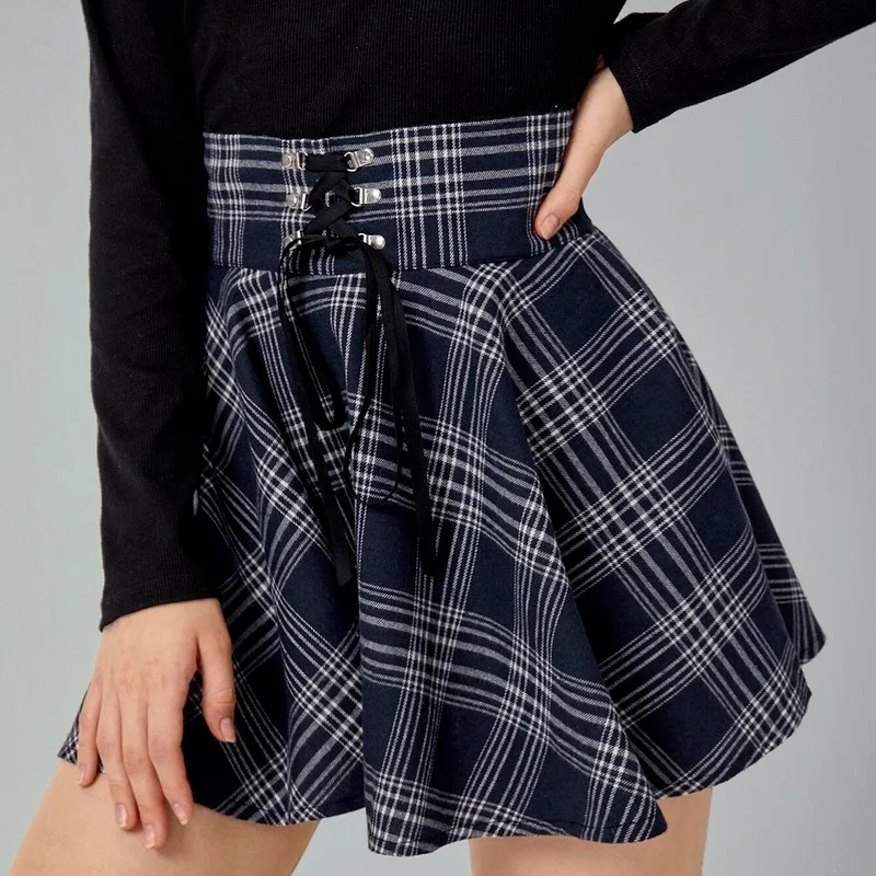 Gonne a pieghe stile coreano a vita alta da donna primavera estate 2024 gonne Casual Punk retrò da donna minigonna con lacci scozzese da donna