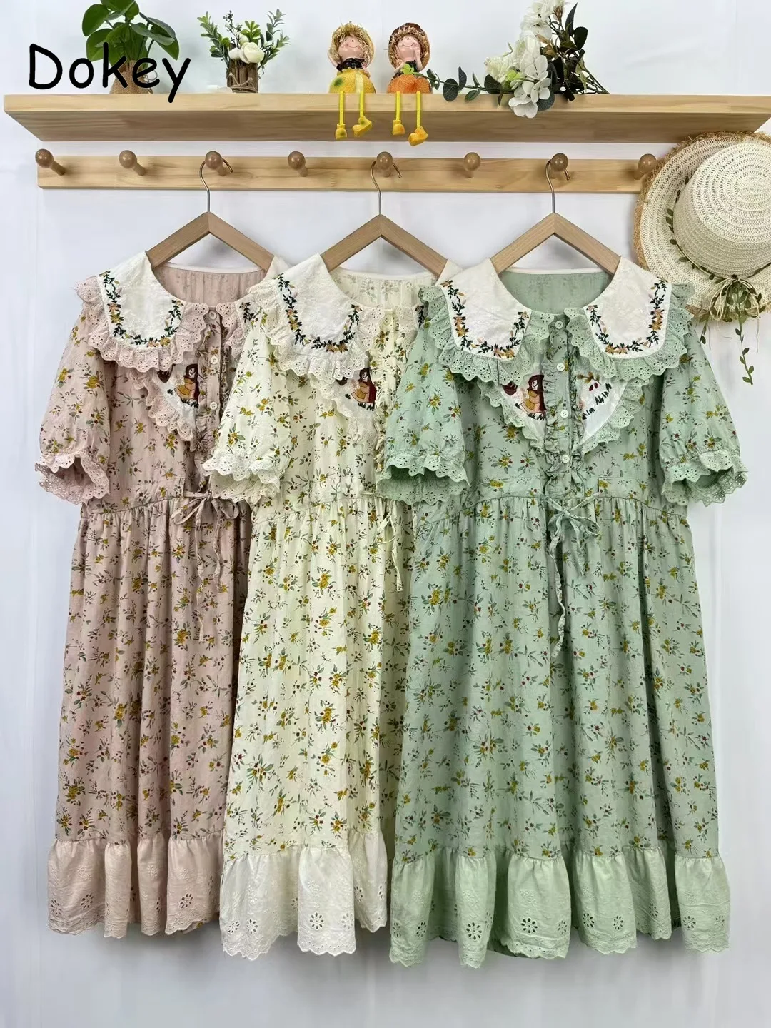 Mori Girl Style Kawaii Flower Dress For Women Vintage Lace Peter Pan Collar Patchwork Loose Dresses Casual Lolita Fairy Vestidos