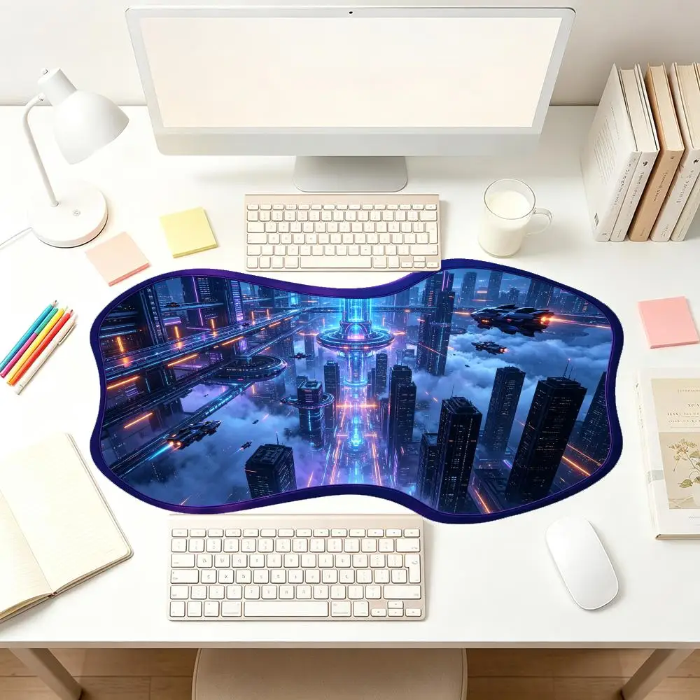 Cyberpunk Neon City Desk Mat Smooth Cloth Surface Precision Tracking Creative For Esports Setup Special Shaped