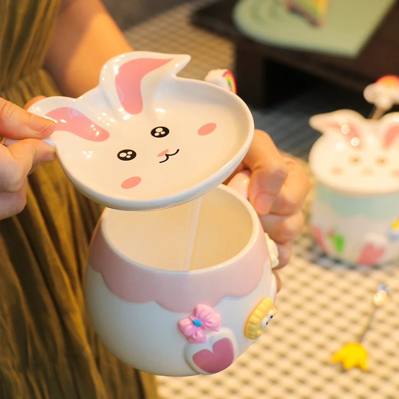 Japanese Cartoon Rabbit Coffee Mug With Cat Pattern Lid Small Dish Cute Breakfast Cup Creative Coffee Cup Milk Cup Gift For Girl