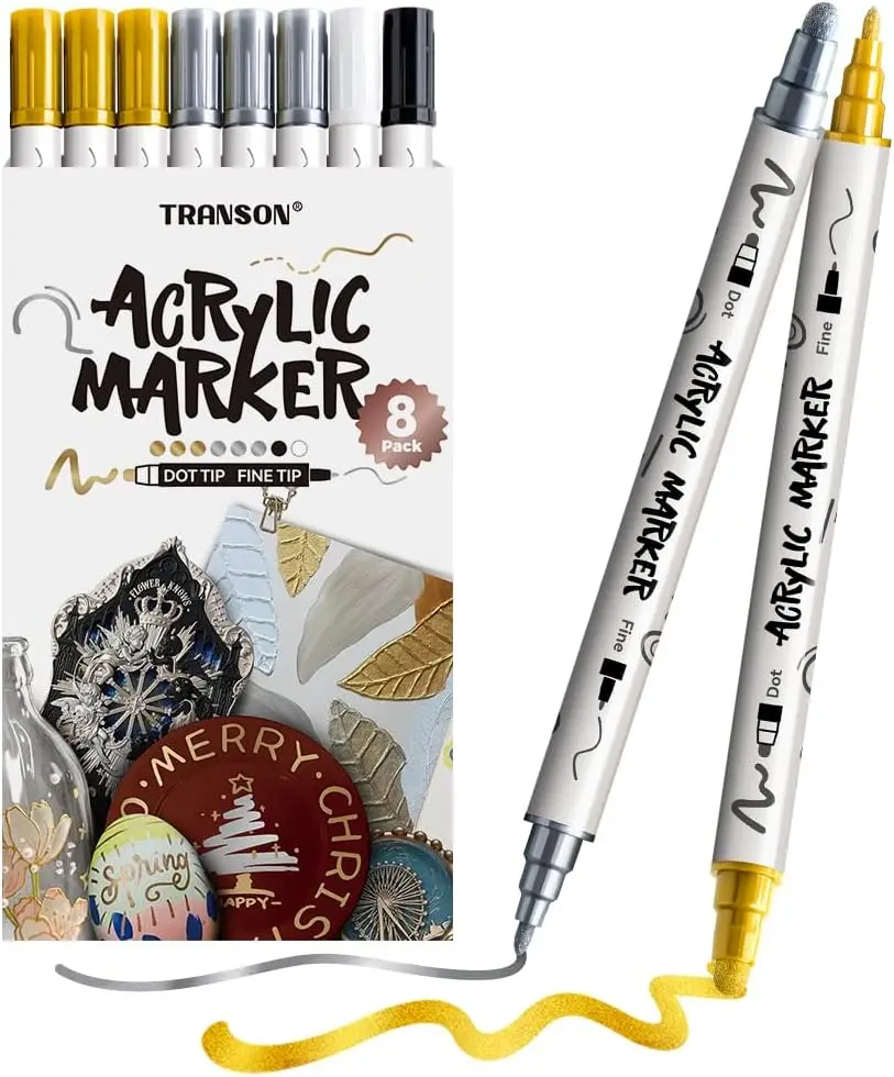 

8 Acrylic Paint Markers Gold Silver Black White Dual Tip Fine & Bold for Rock Glass Canvas Wood Leather