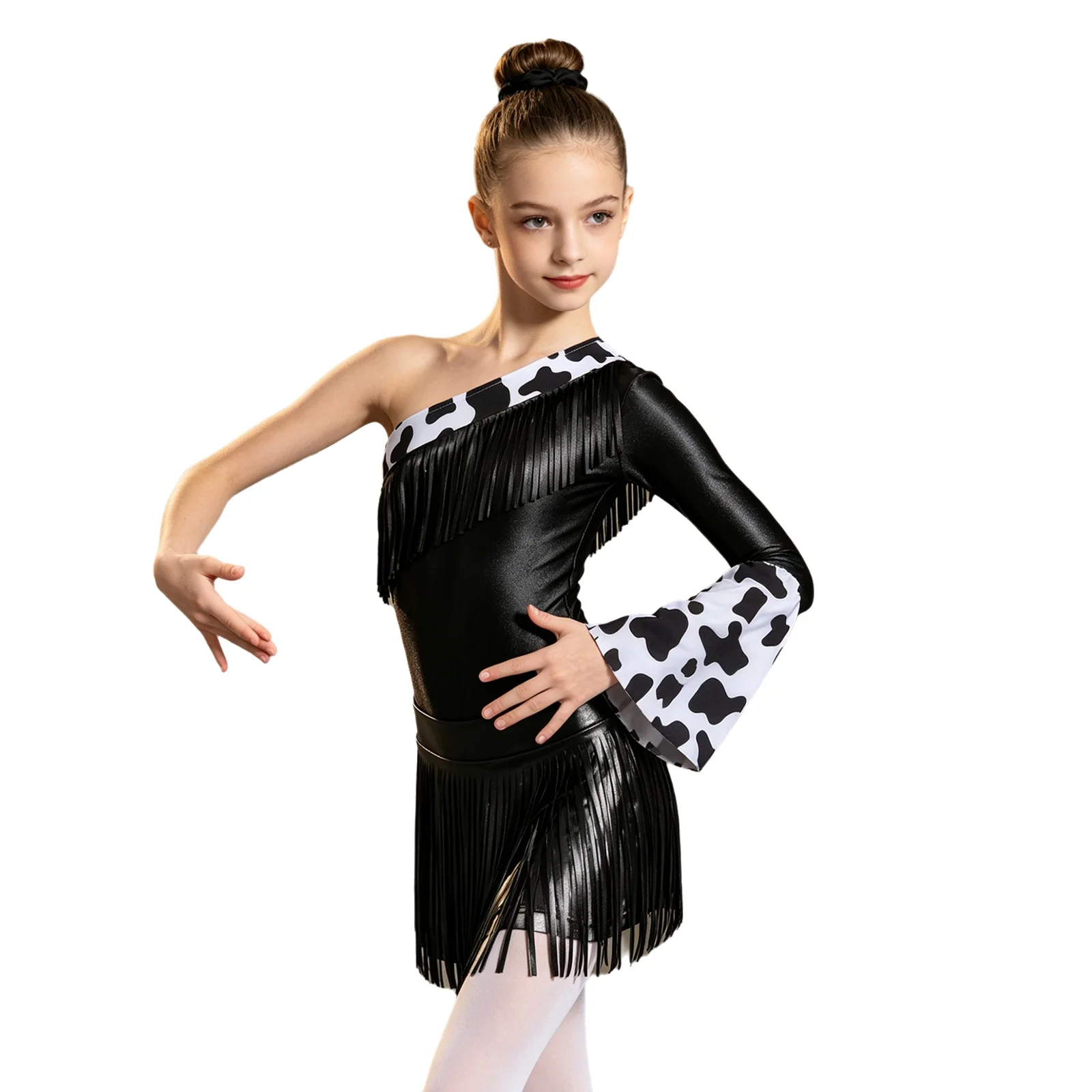 

3 Pieces Girls Western Jazz Latin Dance Outfit Long Flare Sleeve Fringed Metallic Leotard Metallic Tassel Shorts and Hairtie