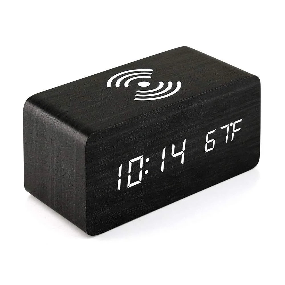 

Alarm Clock LED Digital Wooden USB/AAA Powered Table Watch with Temperature Humidity Wireless Charging Electronic Desk Clocks