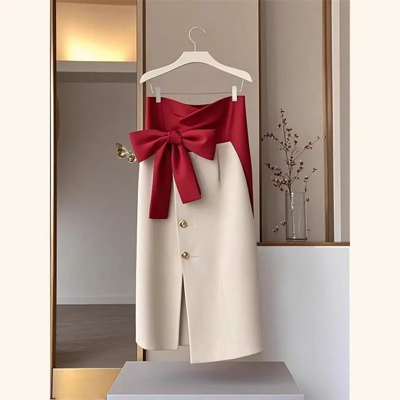 Elegant Bow Party Skirt Spring New Fashion Single Breasted Office Lady Midi Jupe Women's Slim Asymmetric Patchwork Faldas 855P