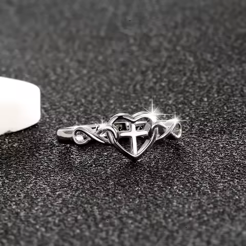 S925 Sterling Silver Cross Heart Ring Adjustable Vintage Wedding Band for Her Hypoallergenic Eco-Friendly Luxury Jewelry Gift