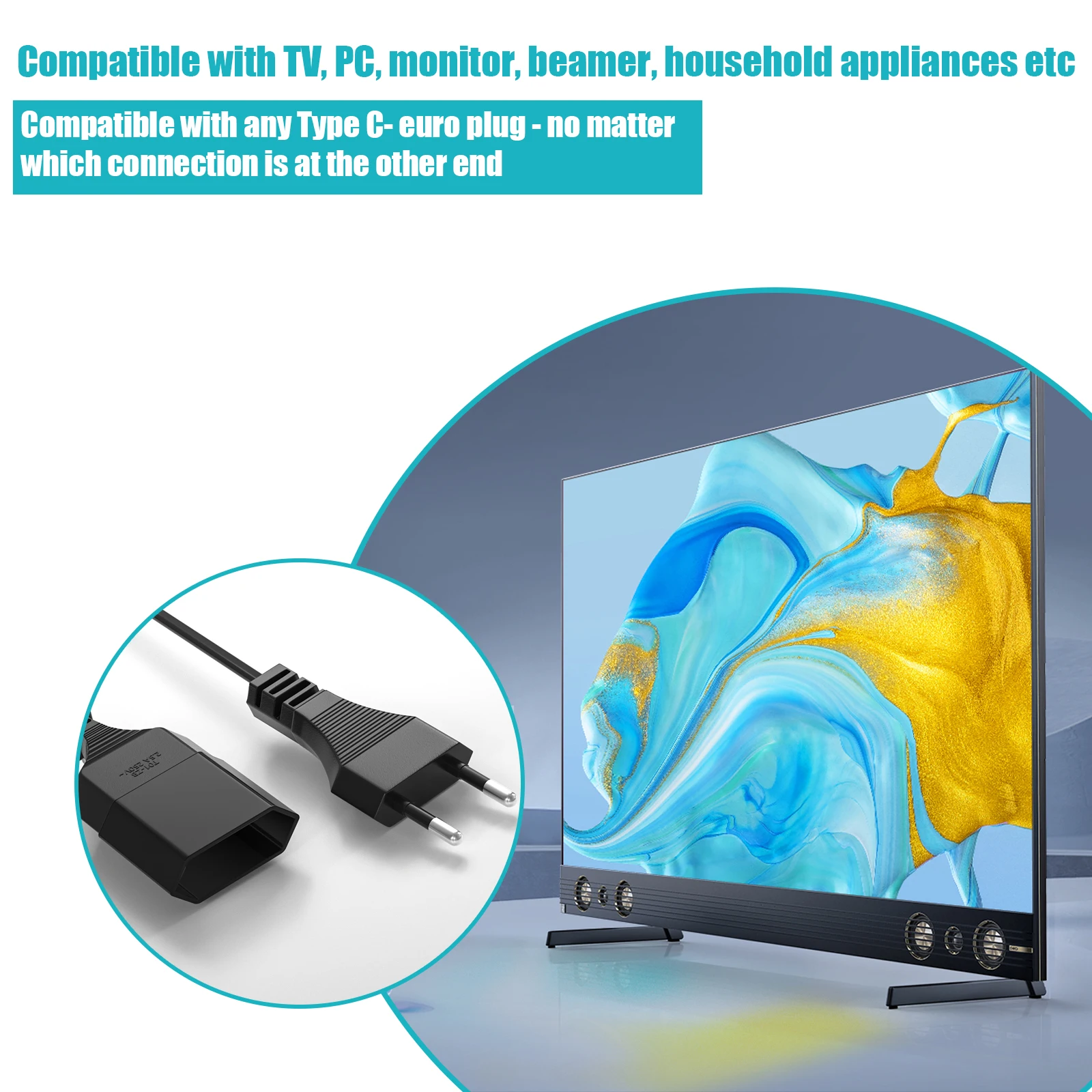 1 to 3 Power Cord EU Male Plug To Female Socket Power Extension Cable, 3-Way Outlets Euro Type C Plug for TV PC Monitor