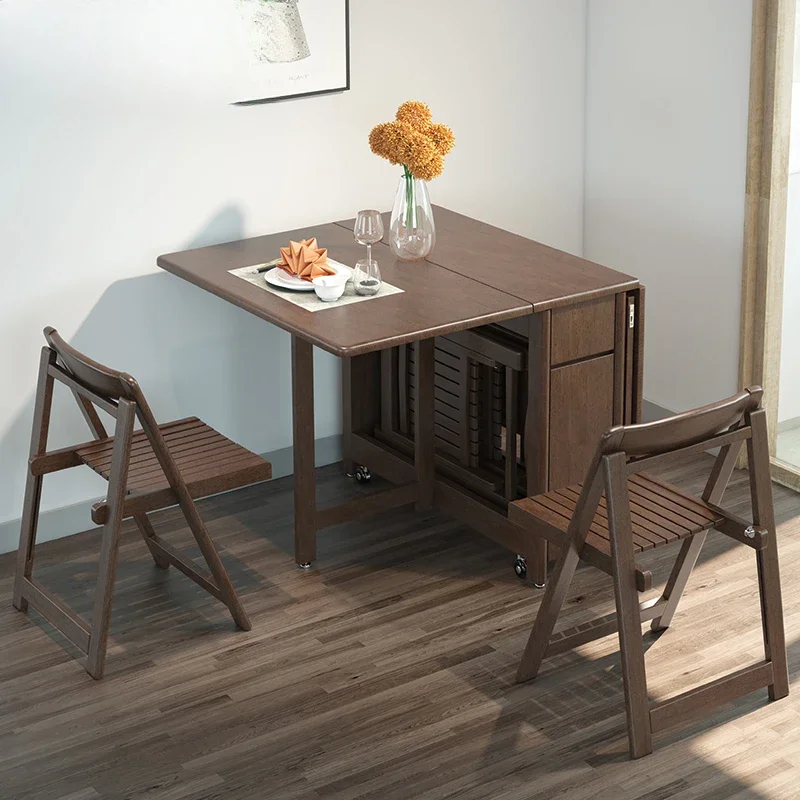 Mesa de comedor y sillas plegables de madera maciza, nogal, seda dorada, rectangular, telescópica