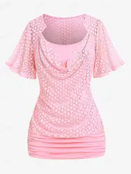 ROSEGAL Women's Plus Size Lace Overlay Chain Decor Ruched Top, Light Pink Tee, Summer Fashion, Butterfly Sleeve T-Shirts, 4XL