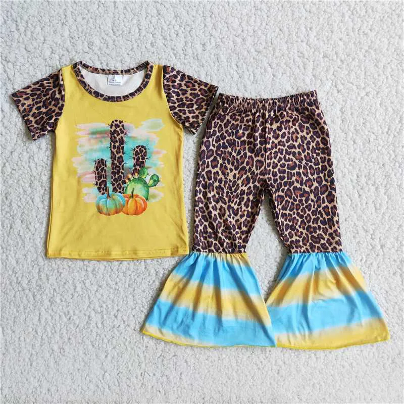 

New Summer popular Kids Girl hot sale cactus print leopard Flare Pants Wholesale fashion Design Boutique Outfit