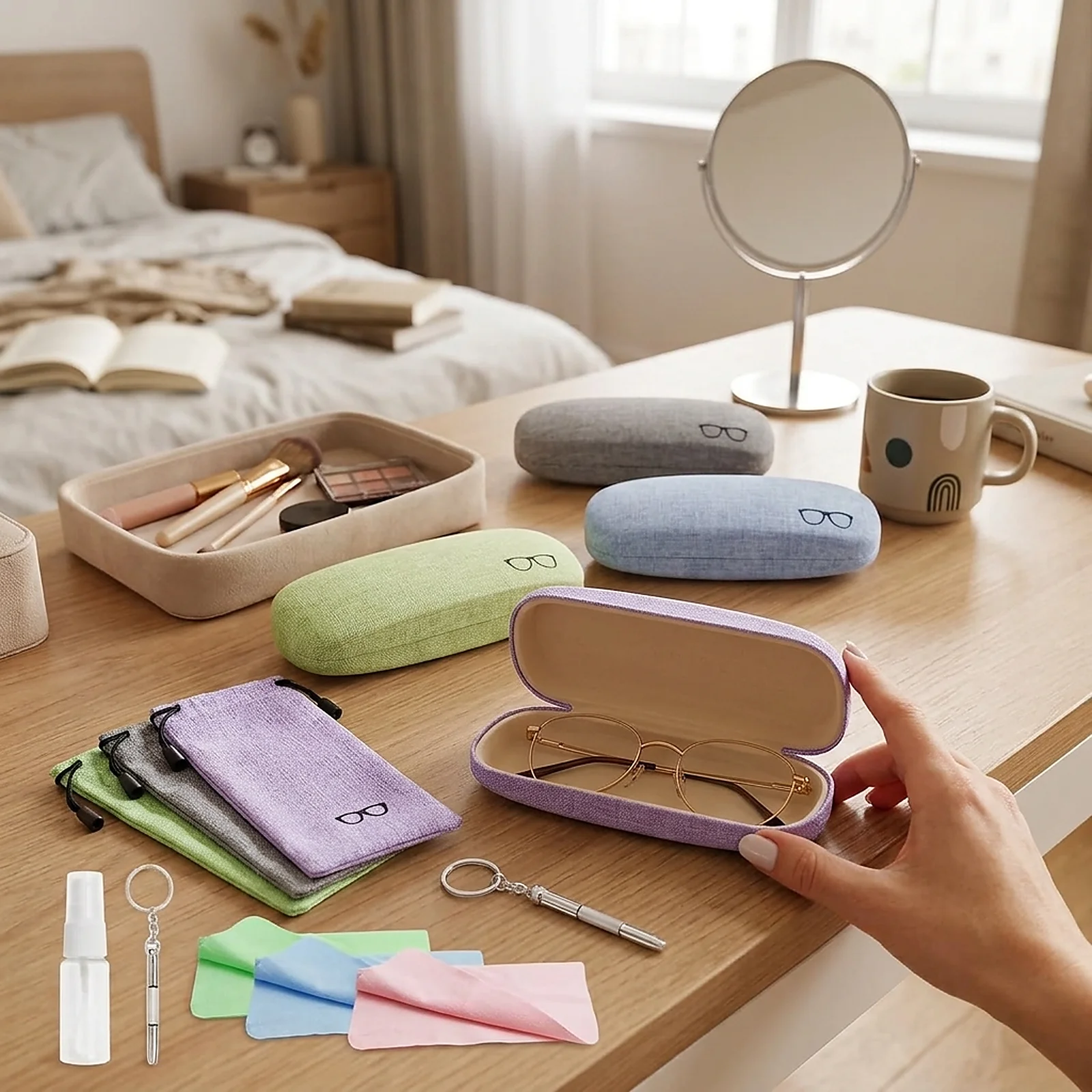Zoyiancy 4 Pack Linen Look Hard Shell Eyeglass Cases With Pouches And Cleaning Accessories