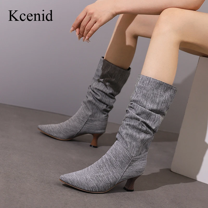 

Kcenid 2023 New Fashion Pleated Spring/Autumn High Heel Women Boots Pointed Toe Concise Solid Mid-Calf Ladies Party Modern Boots