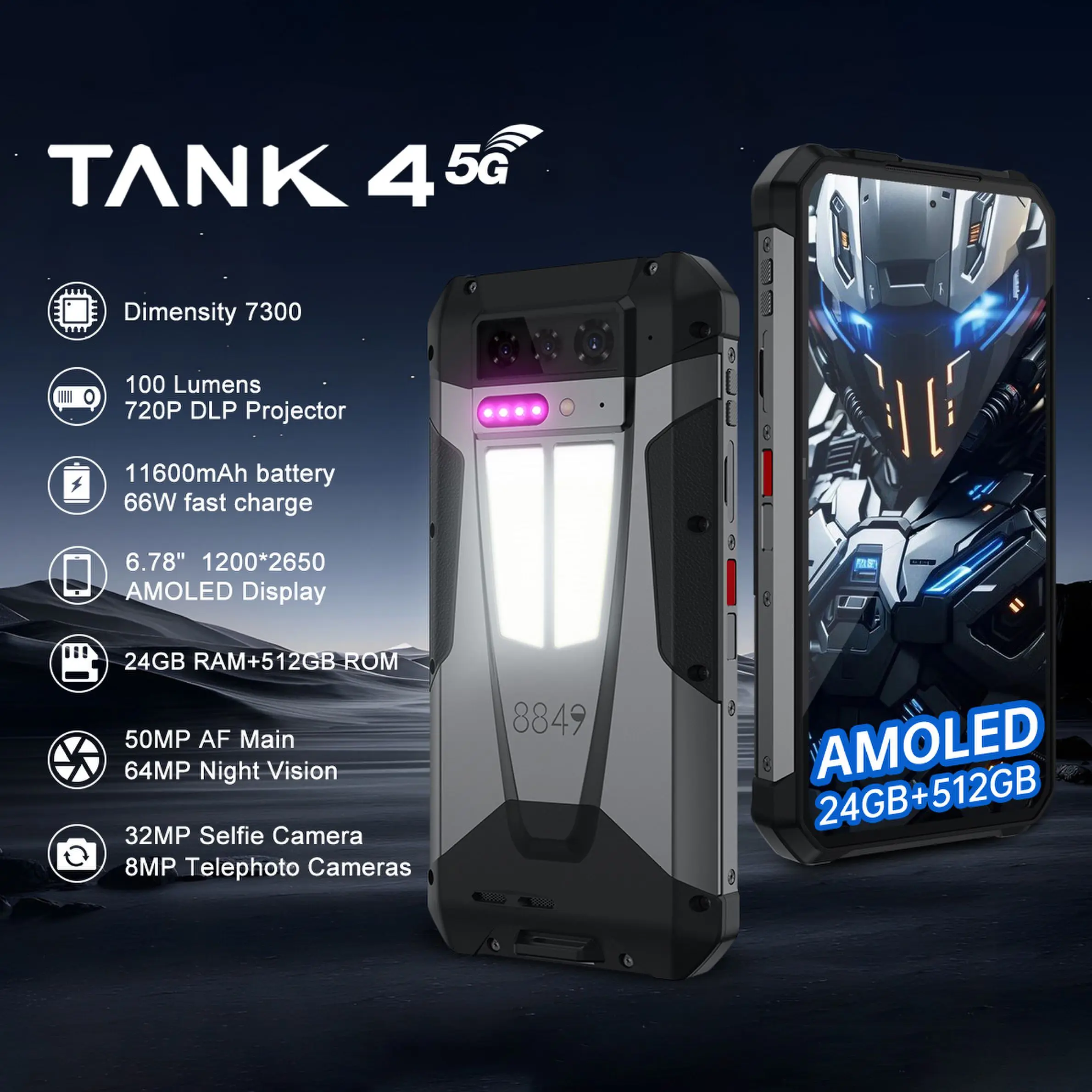 Unihertz 8849 Tank 4 5G Phone Built-in 720P Projector 11600mAh 24GB 512GB 6.78
